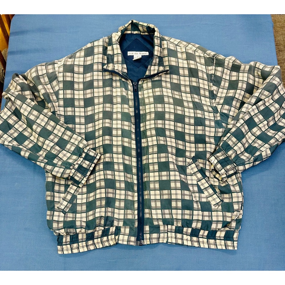 Malcolm Flowers Vintage 100% Silk Plaid Bomber Jacket Blue Cream Womens Large